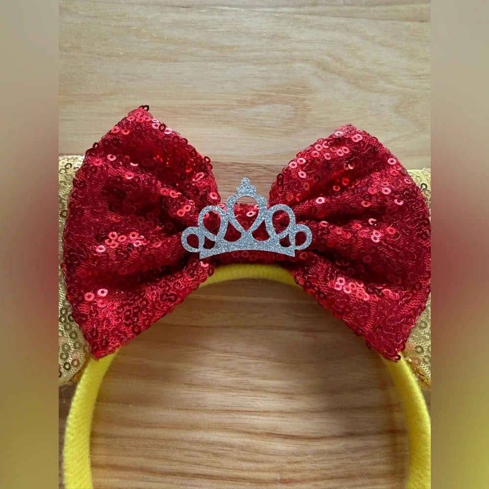 Minnie Mouse Ears‎ Headband Red Gold Sequin Crown Kids Costume Dress Up OS